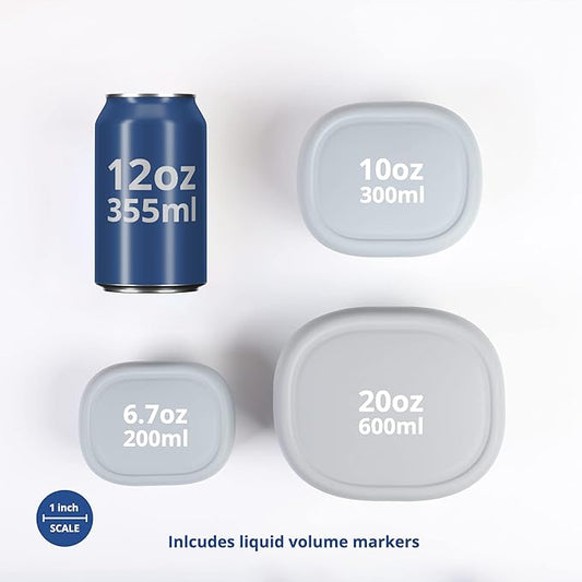 BLUE GINKGO Nesting Silicone Containers - Set of 3 Hard-Shell Silicone Food Storage Containers | BPA Free, Airtight, Dishwasher and Freezer Safe (6.7oz, 10oz, 20oz) - Grey