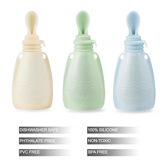 PandaEar 3 Pack Silicone Baby Food Pouches, Reusable Squeeze Pouches for Toddler with 3 Silicone Puree Feeder Spoon, BPA-Free Silicone Refillable Infant Food Storage, 5.5 oz (Beige&Blue&Green)