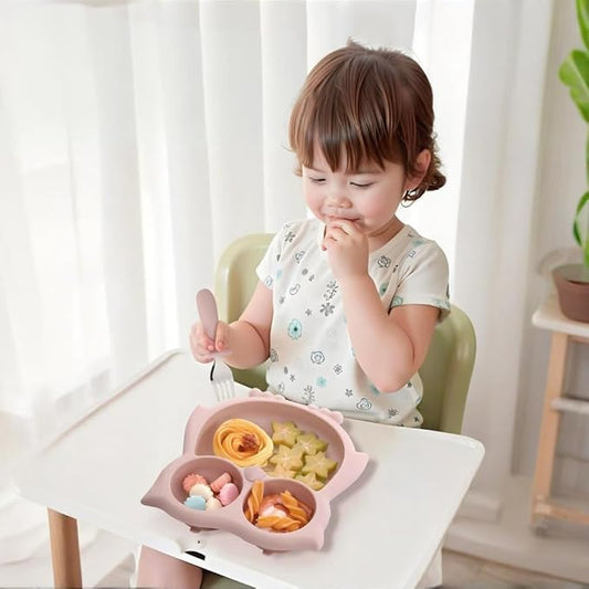 PandaEar Toddler Suction Plates, Stay Put Divided Baby Plates, Owl Shape BPA-Free 100% Food-Grade Silicone Unbreakable Baby Plate, Baby Feeding Supplies (Pink)