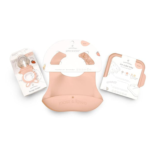 Moss and Fawn Little Explorer Kit - Silicone Frozen Breast Milk Popsicle Kit with Forage Feeder, Teething Popsicle Ice Cube Tray, & Gather & Roll Baby Feeding Bib - BPA, PVC, & Lead-Free - Bloom