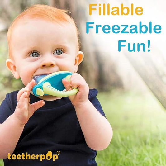 Teetherpop Fillable Silicone Teether for Babies – Breastmilk Popsicle Molds for Teething with Spill-Proof Sippy Slits – Freezable Baby Teethers for Liquids & Purées - Cooling Relief (3-Pack-Blues)
