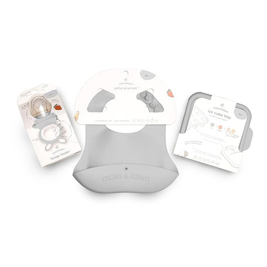 Moss and Fawn Little Explorer Kit - Silicone Frozen Breast Milk Popsicle Kit with Forage Feeder, Teething Popsicle Ice Cube Tray, & Gather & Roll Baby Feeding Bib - BPA, PVC, & Lead-Free - Dew