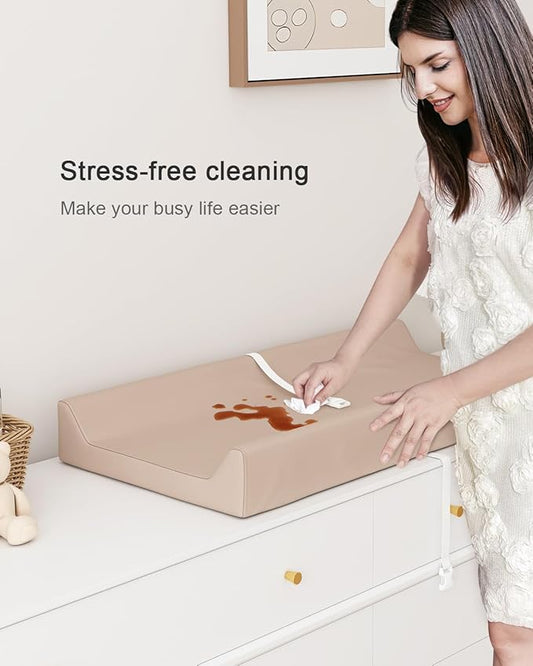 Wipeable Baby Changing Pad for Dresser and Table, Cozy Diaper Changing Pad with Waterproof & Wipe-Clean Leather Cover, Light Brown