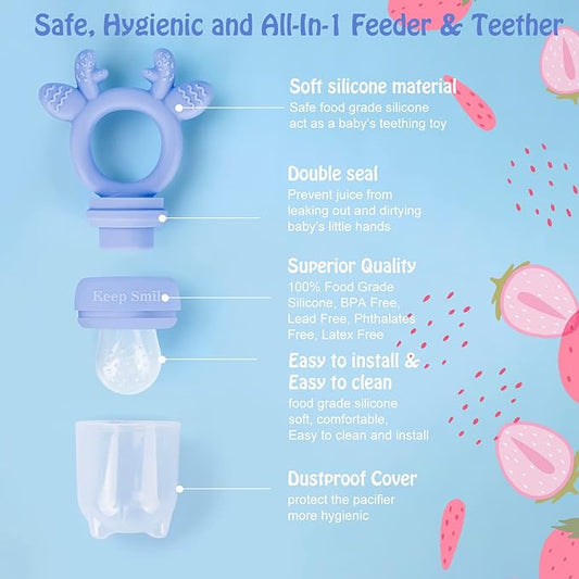 Baby Solids/Frozen Fruit Feeder Pacifier, Infant Teether Toy 4M+, BPA-Free Silicone Pouch & Nipple, Safely Introduce Solids, Teething Relief, 2-Pack (Deer - Green Purple, S/M/L)