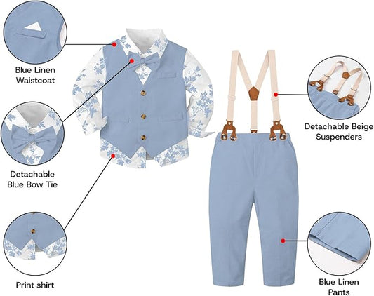 SANGTREE Boys Cotton Linen Suit Formal Set Baby Clothes Boy Gentleman Wedding Ring Bearer Outfits, 3 Months - 9 Years