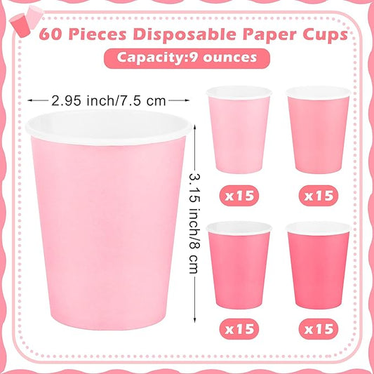 URATOT 60 Pieces 9 Ounce Disposable Paper Cups Gradient Pink Party Cups Drinking Cups for Party, DIY, and Holiday, 4 Colors
