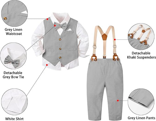 SANGTREE Boys Cotton Linen Suit Formal Set Baby Clothes Boy Gentleman Wedding Ring Bearer Outfits, 3 Months - 9 Years