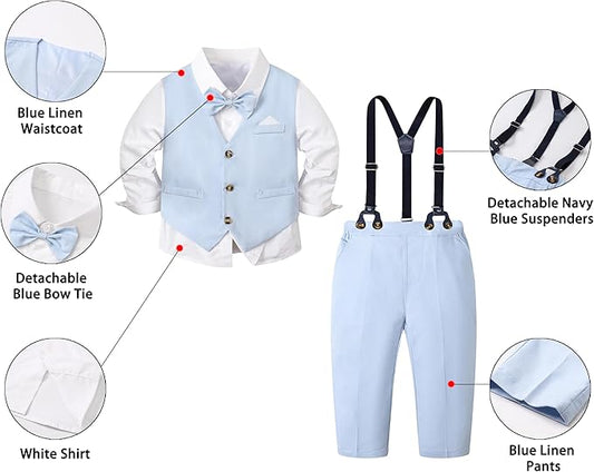 SANGTREE Boys Cotton Linen Suit Formal Set Baby Clothes Boy Gentleman Wedding Ring Bearer Outfits, 3 Months - 9 Years