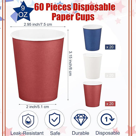 URATOT 60 Pieces 4th of July 9 Ounce Disposable Paper Cups Patriotic Blue White Red Party Paper Cups Independence Day Drinking Cup for Memorial Day Party, DIY, and Holiday