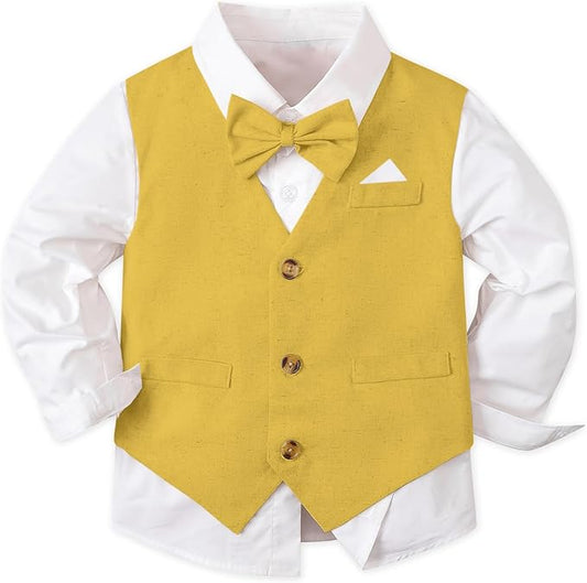 SANGTREE Boys Cotton Linen Suit Formal Set Baby Clothes Boy Gentleman Wedding Ring Bearer Outfits, 3 Months - 9 Years