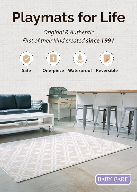 Baby Care Play Mat (Medium, Moroccan - Beige) 73’’ x 49’’ Original One-Piece Reversible Rollable Waterproof Baby Mat for Floor, Play Mat for Babies 6-12 Months, Infants, Toddlers, and Kids