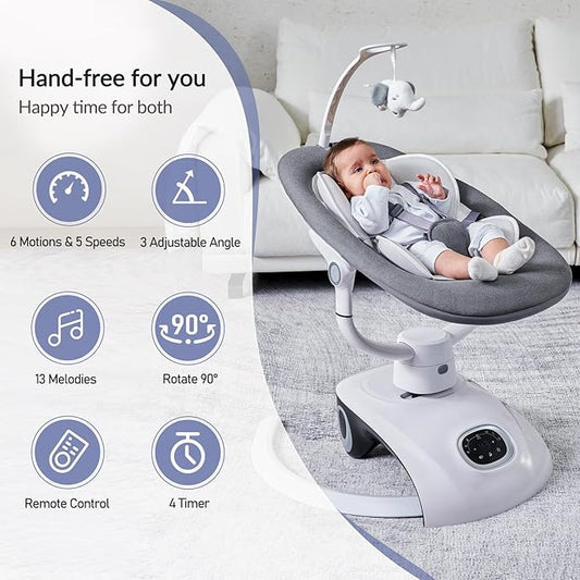 Baby Swing for Infants Electric Automatic Multi Motion Newborn for Girl & Boy with Remote Control, 5 Speed, 13 Melodies, Light Gray