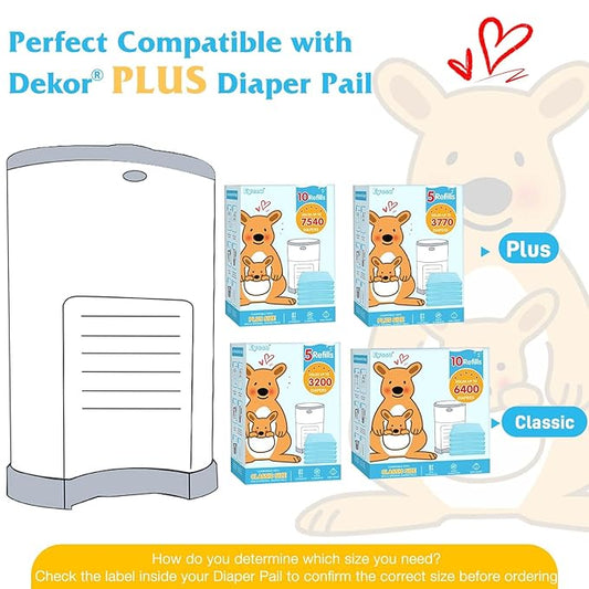 10 Pack Diaper Pail Refill Bags Compatible with Dekor Plus Diaper Pail, 40% Extra Length Refills Holds up to 7540 Diapers, Thickened Multi-layer Odor Control (Baby Scent)