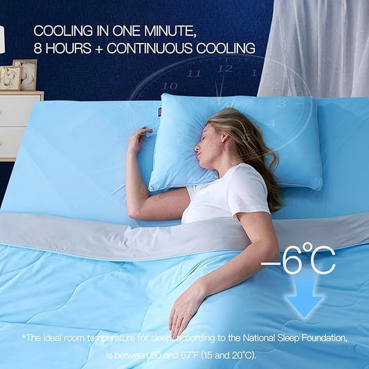 Momcozy Life CoolMurm Cooling Comforter for Hot Sleepers, Full/Queen 90"x90" Soft Breathable Pregnancy Cooling Blanket, 3-Second Cooling, 8 Hours+ Stay Cool All Night, Grey Sky Blue