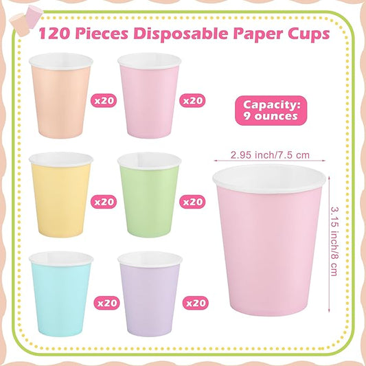 URATOT 120 Pieces 9 Ounce Disposable Paper Cups Pastel Rainbow Party Cups Drinking Cups for Party, DIY and Holiday, 6 Colors
