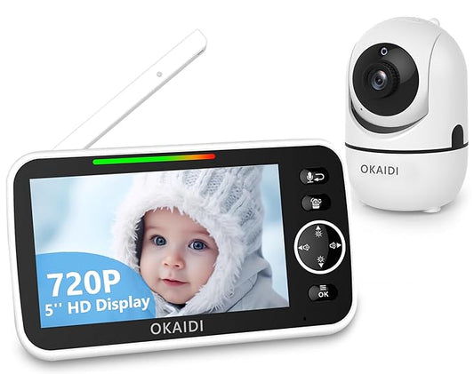 OKAIDI 5" HD Baby Monitor with Camera and Audio, 720P Display, 5000mAh Battery, Remote Pan-Tilt, 3X Zoom, Night Vision, 2-Way Talk, Temperature,Lullabies,1000ft Range Baby Monitor No WiFi