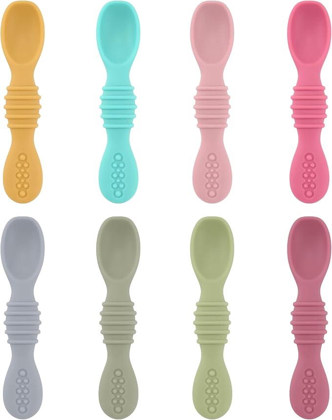 Baby Spoons Self Feeding 6 Months, 8 Pcs Safe Food Grade Silicone Baby Led Weaning Spoons Set with Moderate Depth, Easy-Grip Handle, and Soft Texture, Easy to Clean, Gentle on Gums