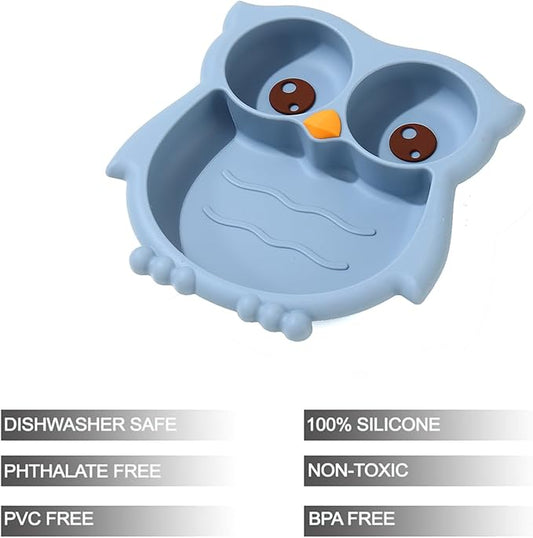 PandaEar Toddler Suction Plates, Stay Put Divided Baby Plates, Owl Shape BPA-Free 100% Food-Grade Silicone Unbreakable Baby Plate, Baby Feeding Supplies (Blue)
