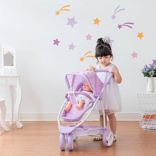 Olivia's Little World - Play Baby Doll Bassinet Stroller for Toddler, Baby Doll Pram Stroller Buggy for 3+ Year Old Girls, Twinkle Stars Princess 2-in-1 Baby Doll Stroller for Kids - Purple