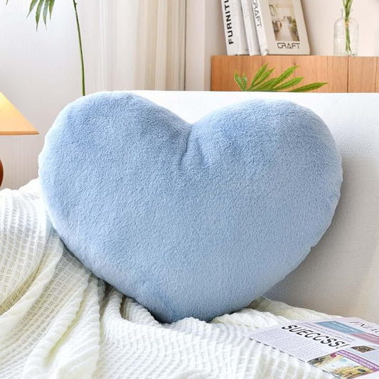 Dusty Blue Heart Pillows, Cute Heart Decorative Pillow, Heart Shaped Throw Pillows for Bed, Faux Rabbit Fur Plush Hoom Decor Pillow Cushion for Chair Sofa Living Room (Medium-15.7"x11.8")