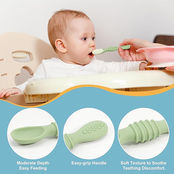 Baby Spoons Self Feeding 6 Months, 8 Pcs Safe Food Grade Silicone Baby Led Weaning Spoons Set with Moderate Depth, Easy-Grip Handle, and Soft Texture, Easy to Clean, Gentle on Gums