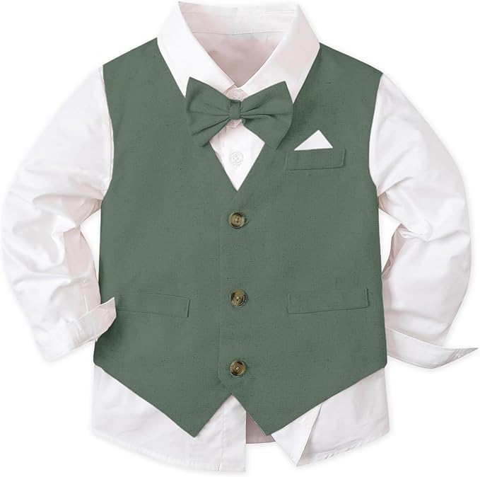 SANGTREE Boys Cotton Linen Suit Formal Set Baby Clothes Boy Gentleman Wedding Ring Bearer Outfits, 3 Months - 9 Years