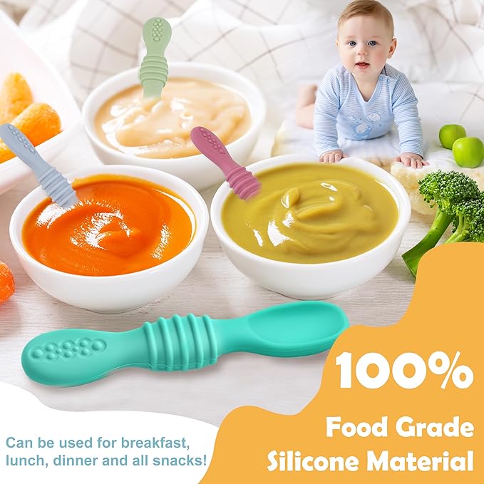 Baby Spoons Self Feeding 6 Months, 8 Pcs Safe Food Grade Silicone Baby Led Weaning Spoons Set with Moderate Depth, Easy-Grip Handle, and Soft Texture, Easy to Clean, Gentle on Gums