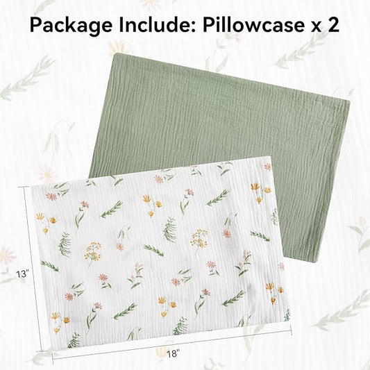 TILLYOU Muslin Toddler Pillowcase 2 Pack, 13x18 Soft Travel Cotton Pillow Case Kids for Boys and Girls, Daisy